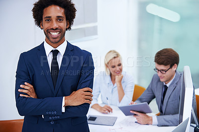 Buy stock photo Portrait, meeting or businessman with smile, arms crossed and legal team for court case or justice. Happy, coworking or proud lawyer in office with attorney and confidence at law firm with colleagues