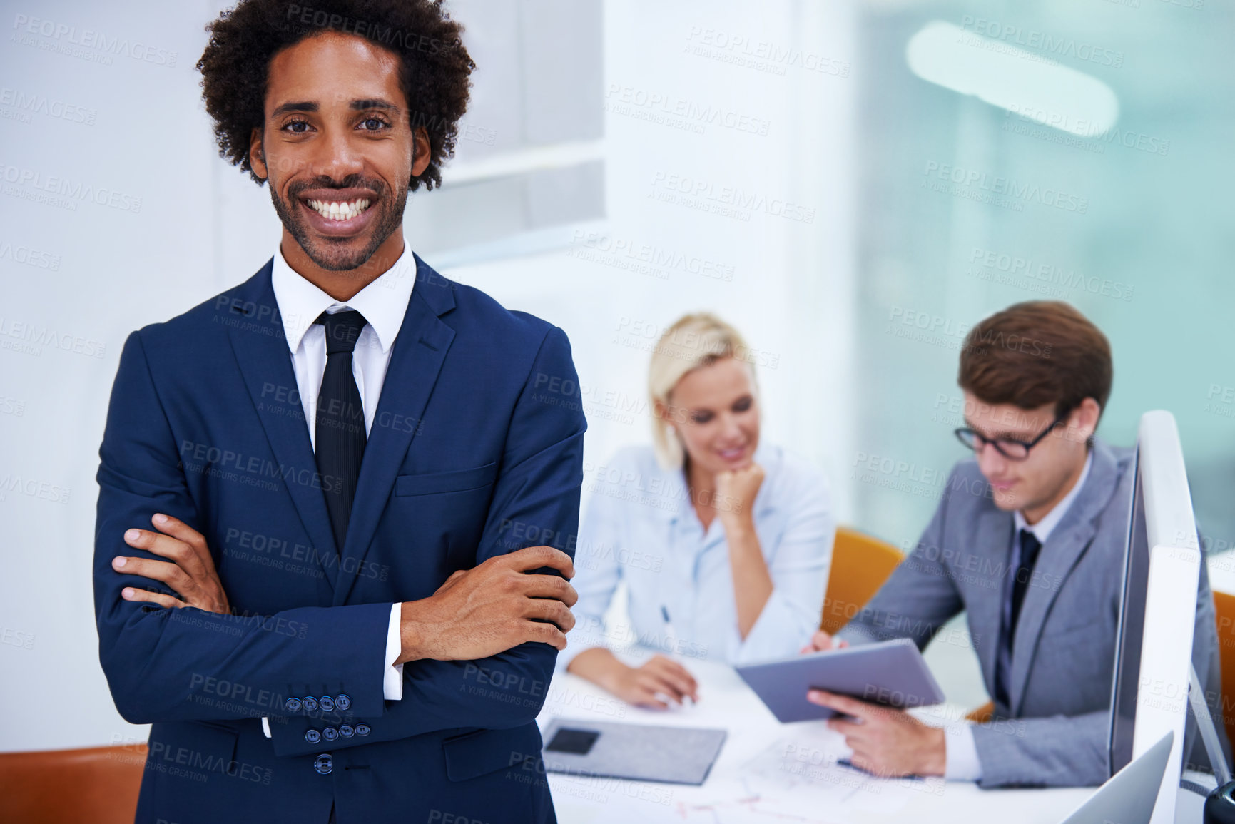 Buy stock photo Portrait, meeting or businessman with smile, arms crossed and legal team for court case or justice. Happy, coworking or proud lawyer in office with attorney and confidence at law firm with colleagues