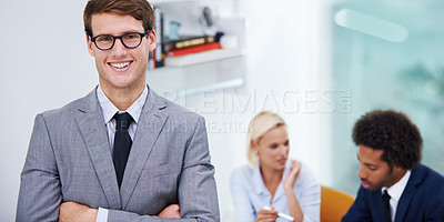 Buy stock photo Businessman, smile and confident in office for portrait, professional and expert in law firm. Lawyer, happy or arms crossed in meeting for leadership, trust or attorney team for case building in city