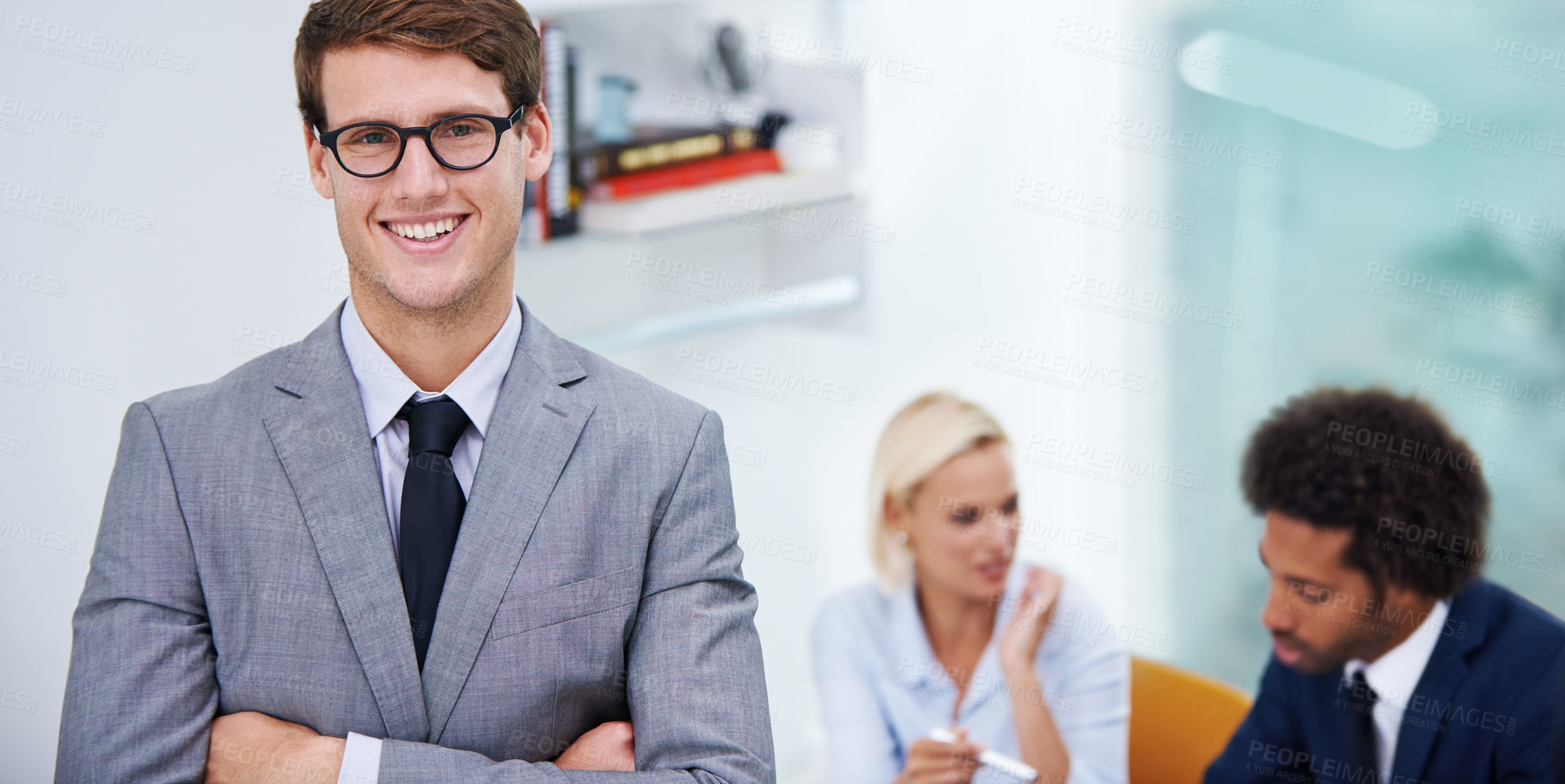 Buy stock photo Businessman, smile and confident in office for portrait, professional and expert in law firm. Lawyer, happy or arms crossed in meeting for leadership, trust or attorney team for case building in city