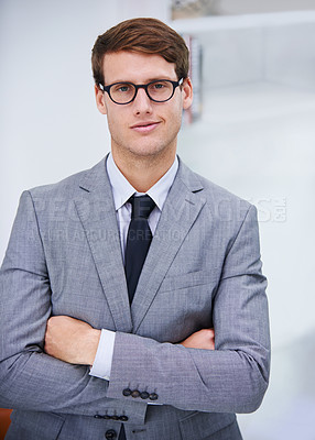 Buy stock photo Crossed arms, glasses and portrait of businessman in office with confidence for finance career. Smile, professional and male financial broker from New York with pride for job with vision in workplace