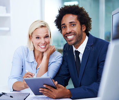 Buy stock photo Happy, tablet and portrait of business people in office for discussion on company budget plan. Smile, team and financial advisors with investment revenue, profit or dividend report with technology.