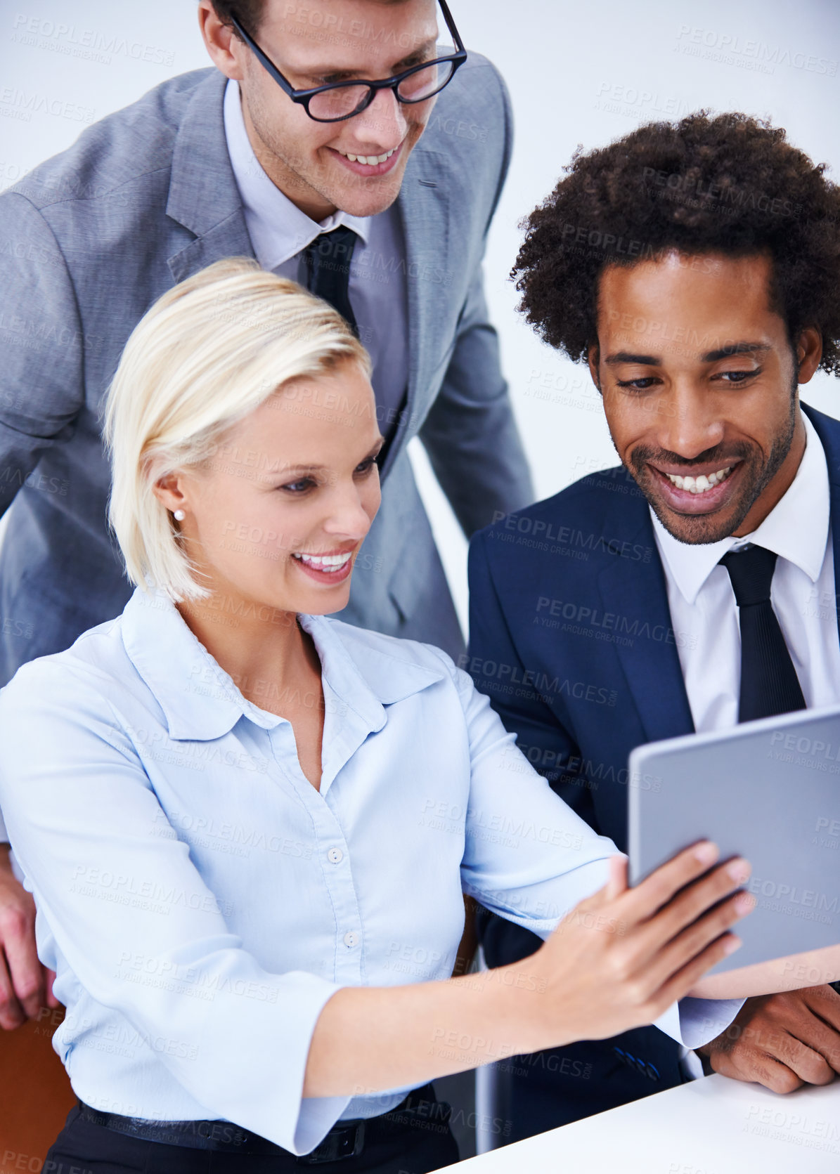 Buy stock photo Happy team, business people and training on tablet for teaching, research and meeting in office. Diversity, technology or group with product manager for help, advice or mentor coaching interns online