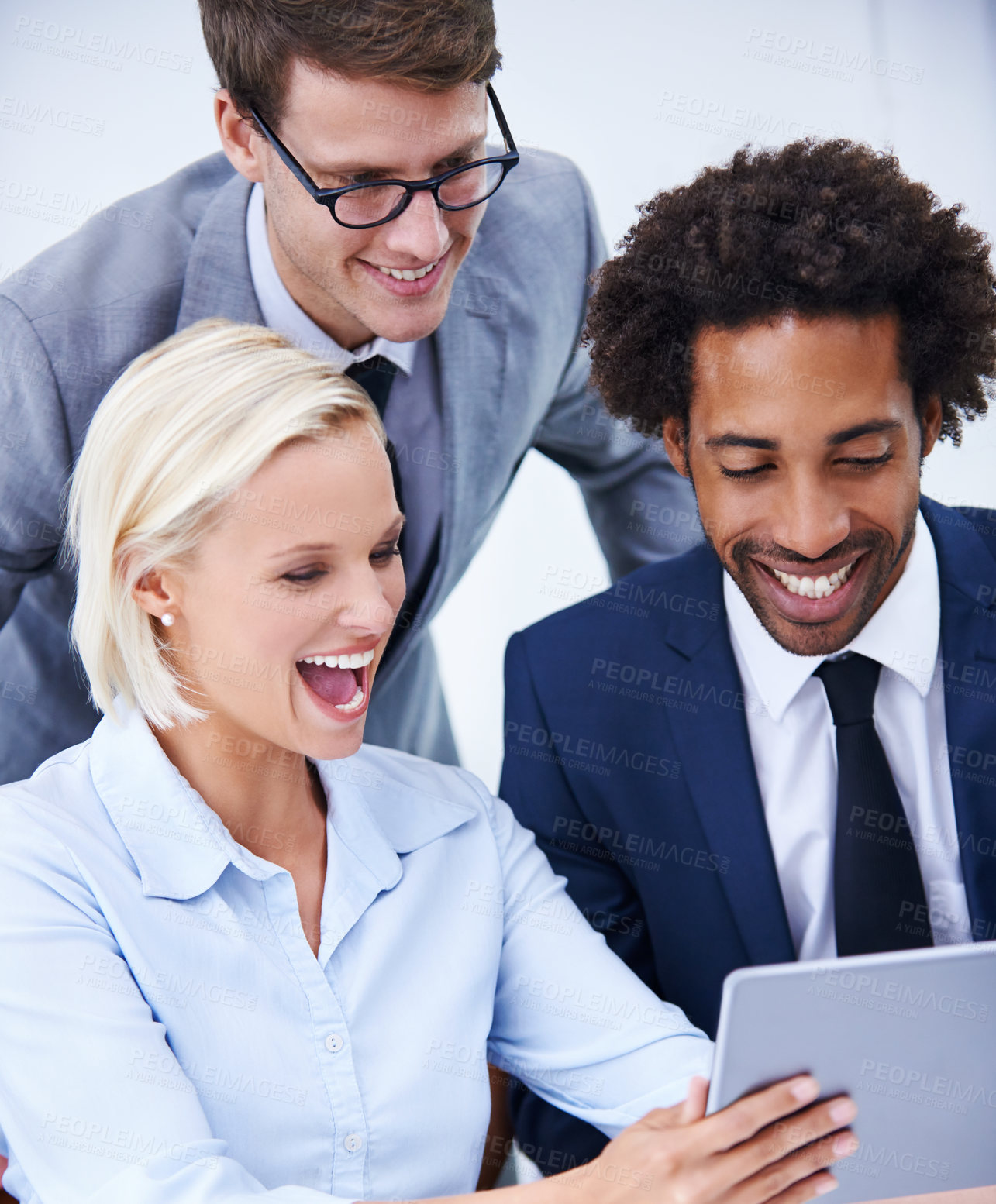 Buy stock photo Team, happy and business in office with tablet, positive feedback and excited for promotion. Success, people and tech in workplace for review, company growth and winning in development with support