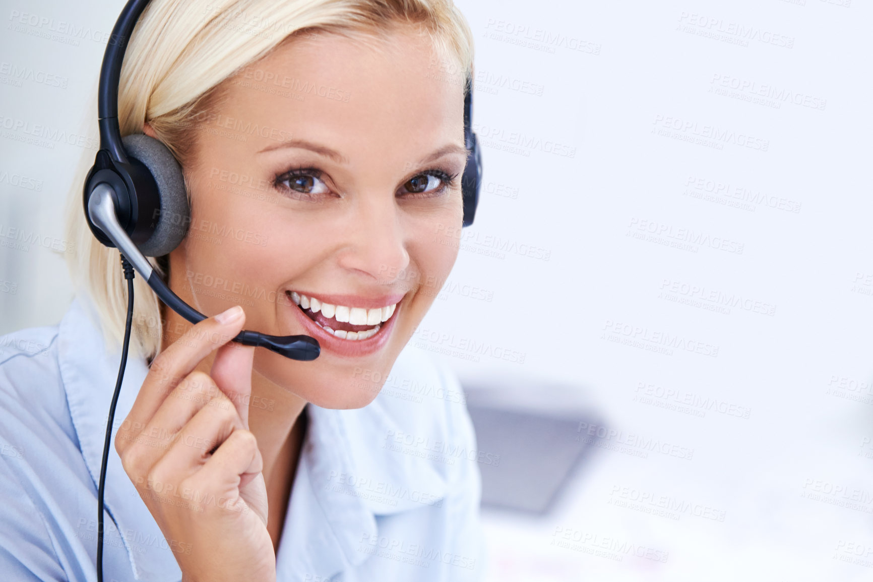 Buy stock photo Customer support, woman and portrait with headset in office for call center, service and help desk. Business agent, work and technology with smile for outbound, b2c telemarketing and sales to clients