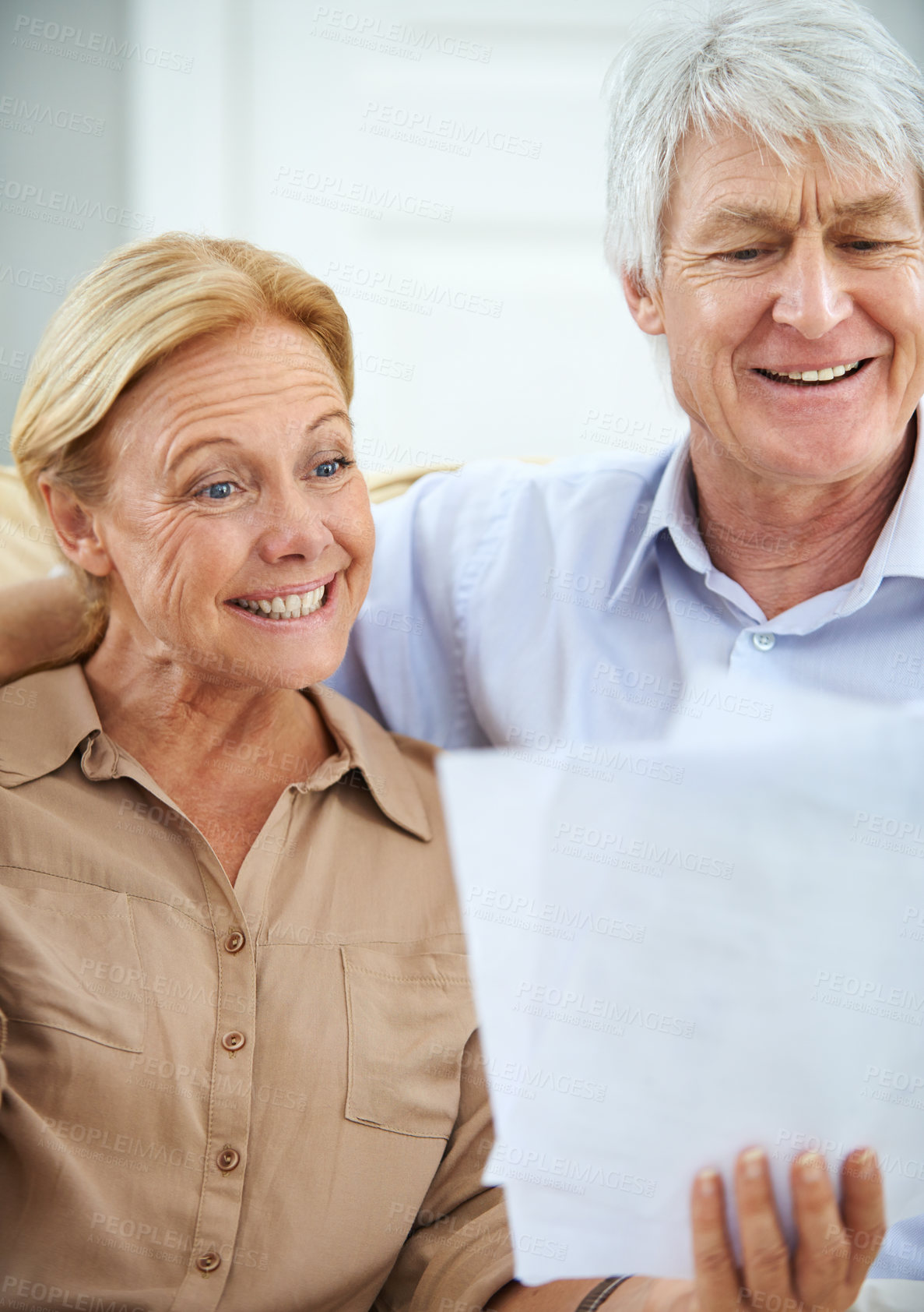 Buy stock photo Old couple, paperwork and tax refund in home, finance pride and asset management in retirement. Senior people, budget planning and review pension savings account, check income and property investment