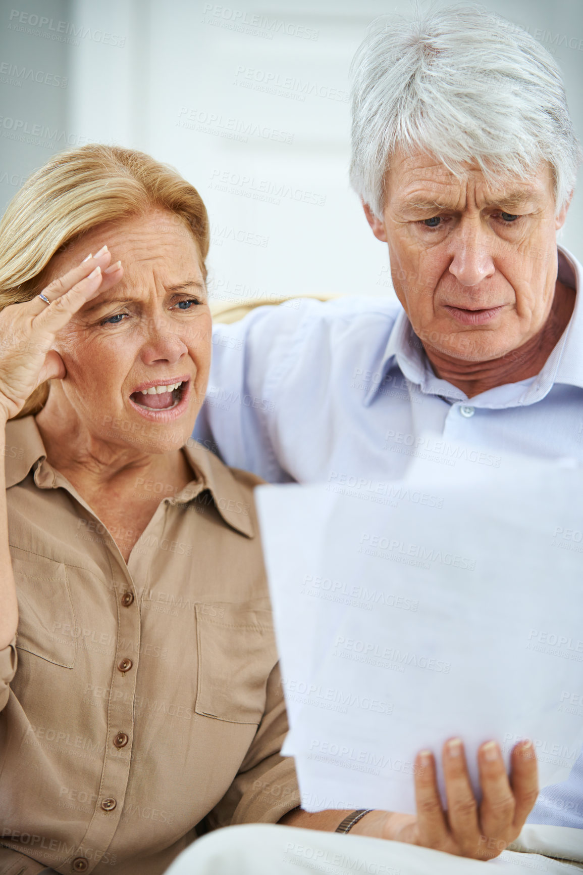 Buy stock photo Senior couple, stress and documents at house for financial bankruptcy, payment debt and mortgage problem. Frustrated, elderly people and paperwork for bank letter, collateral risk and eviction notice