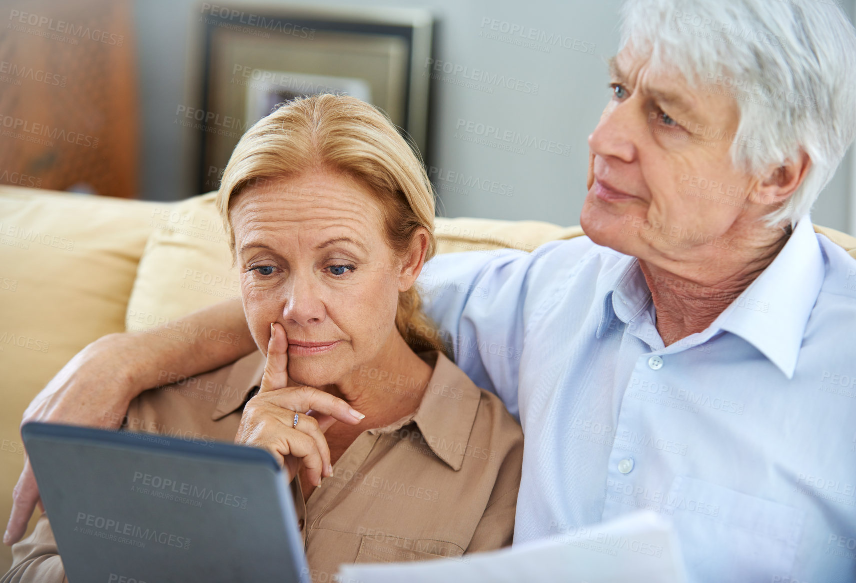 Buy stock photo Old couple, thinking and tablet for finance in home, planning and asset management in retirement. Senior people, banking website and review savings account, solution and documents for tax application