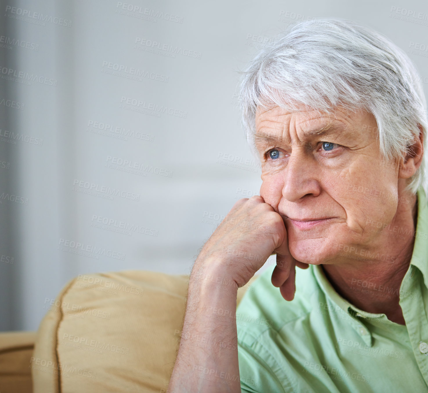 Buy stock photo Senior man, reflection and sofa in home with ideas, memory and thinking with perspective in retirement. Elderly person, sad and remember with nostalgia, wonder and insight for decision in living room