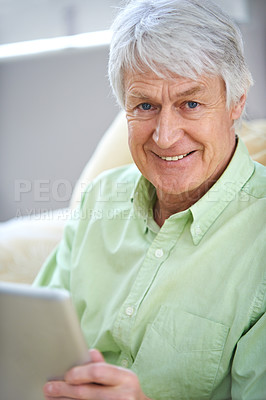 Buy stock photo Tablet, happy and portrait of elderly man in home for social media, website and online entertainment. Retirement, relax and senior person on digital tech for internet, news and contact in living room