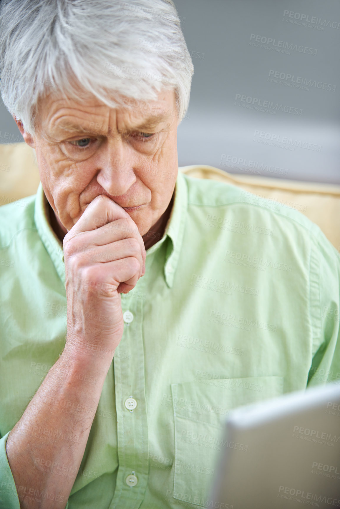 Buy stock photo Elderly man, tablet and confused for communication, website or online pension application in retirement. Senior person, technology and stress for reading news, bills and remember password in house