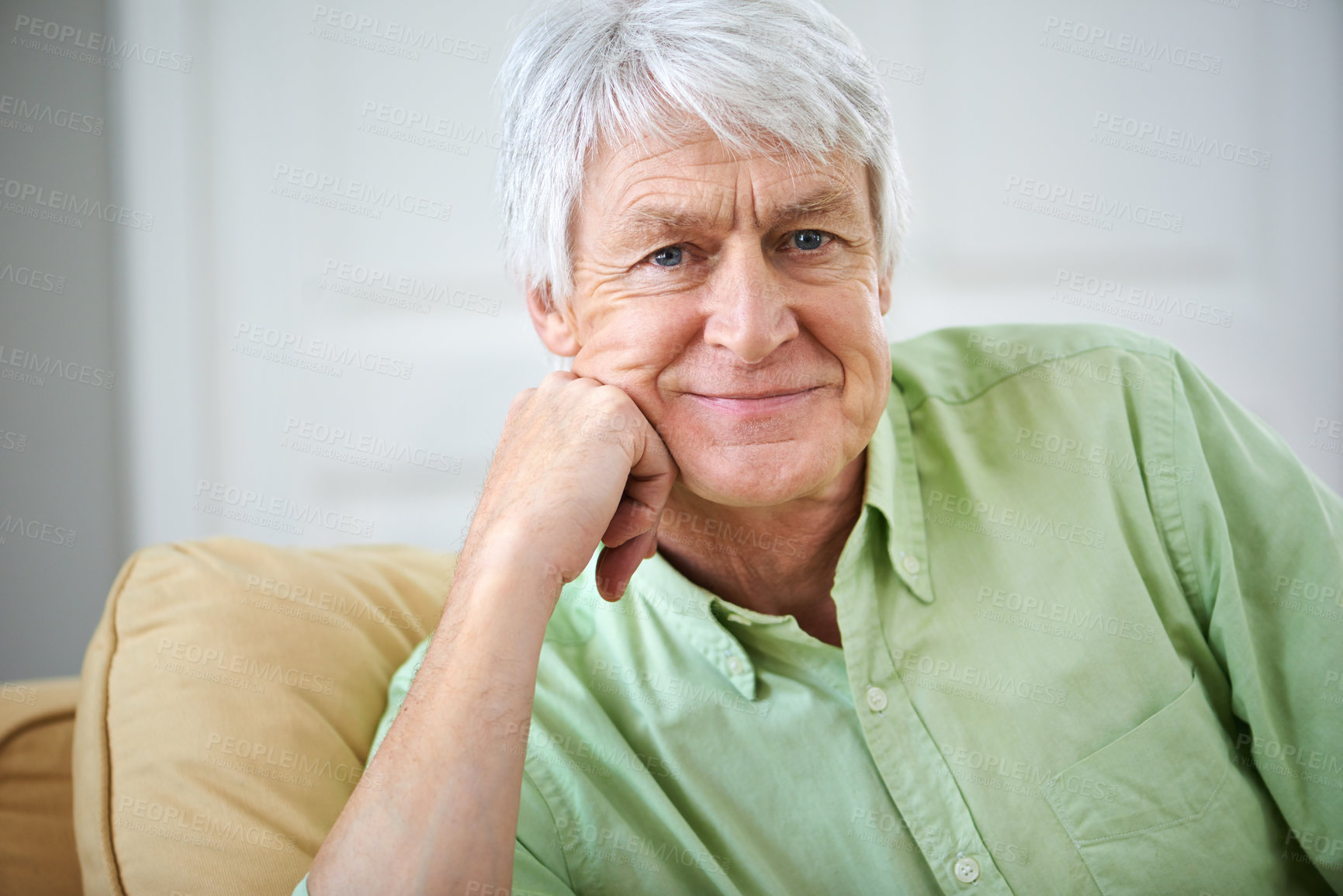 Buy stock photo Smile, calm and portrait of old man on sofa in home with confidence, wellness and retirement. Happy, relax and senior person on couch in living room with pride, peace and weekend morning in apartment