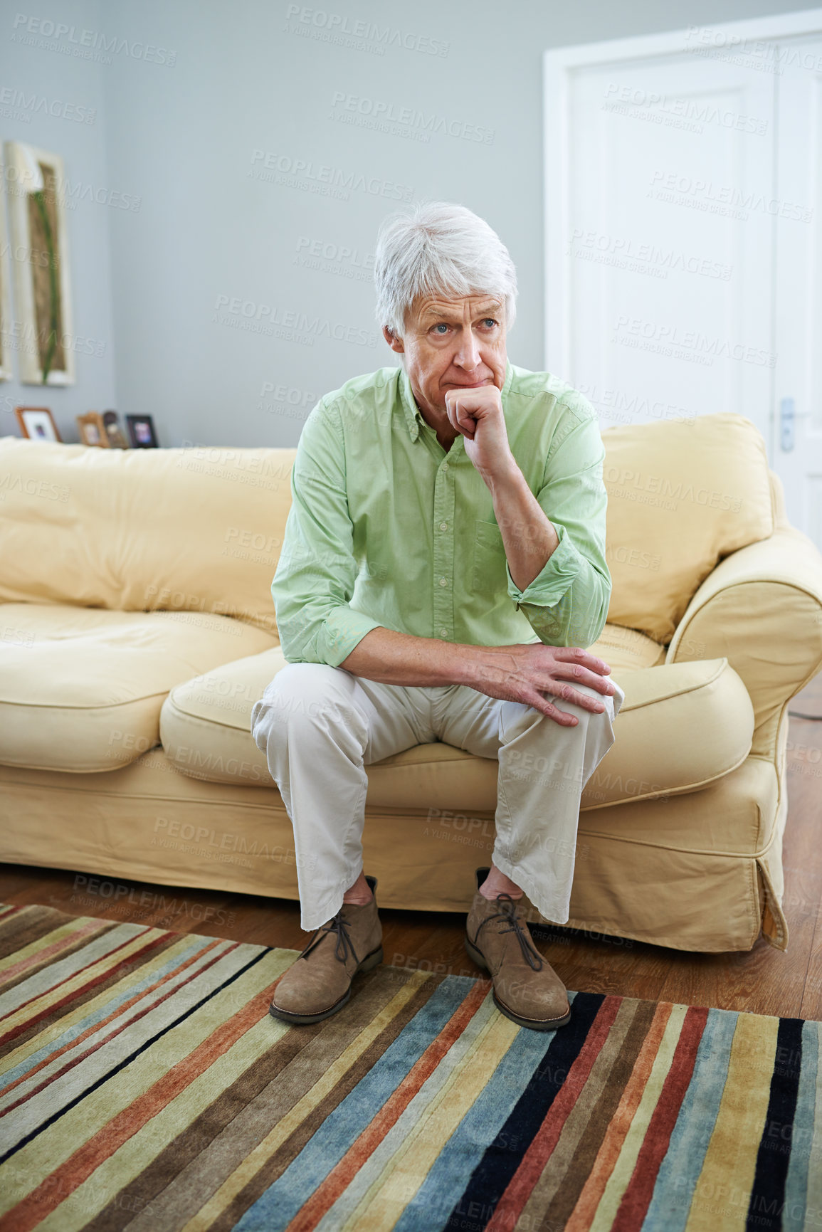 Buy stock photo Senior man, reflection and couch in home with ideas, memory and thinking with perspective in retirement. Elderly person, sad and remember with nostalgia, wonder or insight for decision in living room