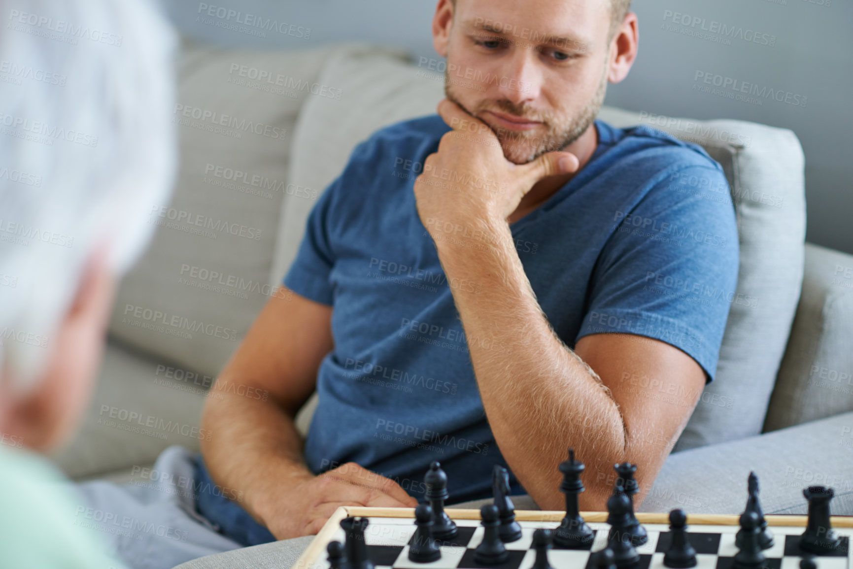 Buy stock photo Mature dad, man or thinking of chess in home for games or competition with strategy or problem solving. Elderly parent, smart or board for challenge or learning hobby skills for contest or bonding