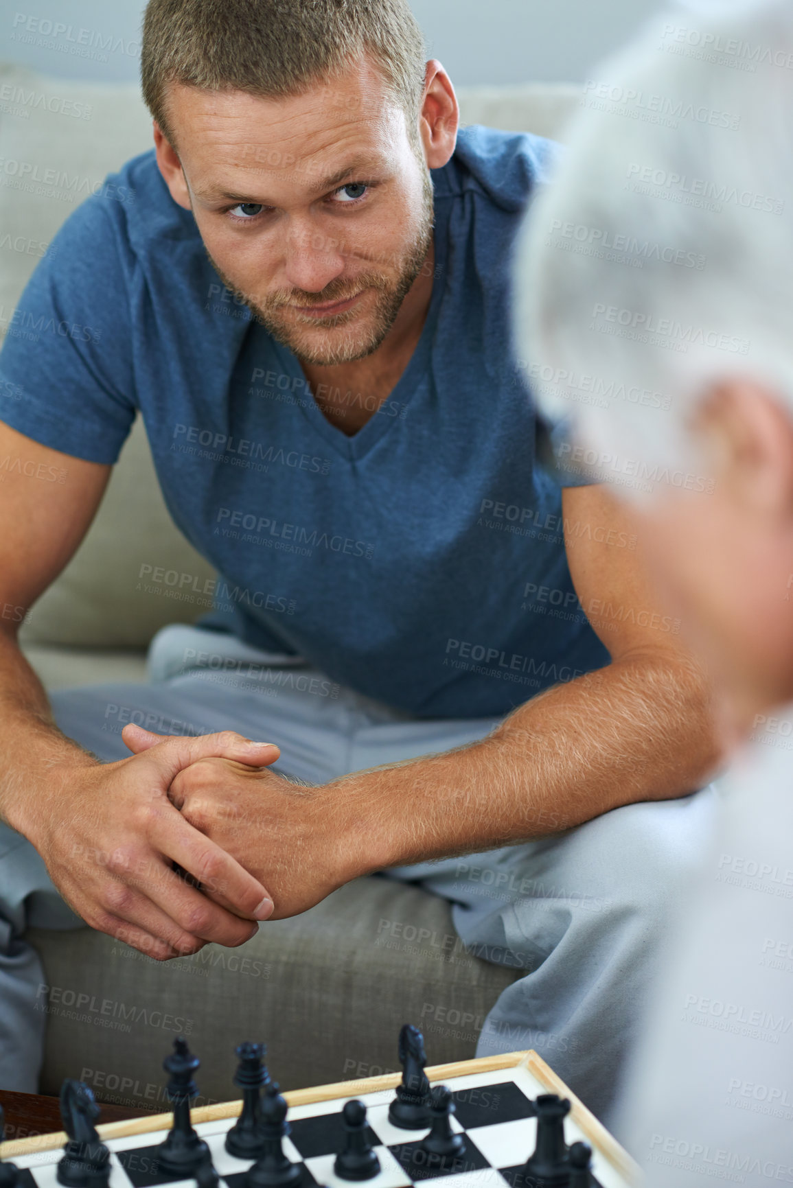 Buy stock photo Elderly dad, happy man or playing chess in home for games, fun or challenge with strategy or problem solving. Senior, parent or contest for brain or learning thinking skills for cognitive function