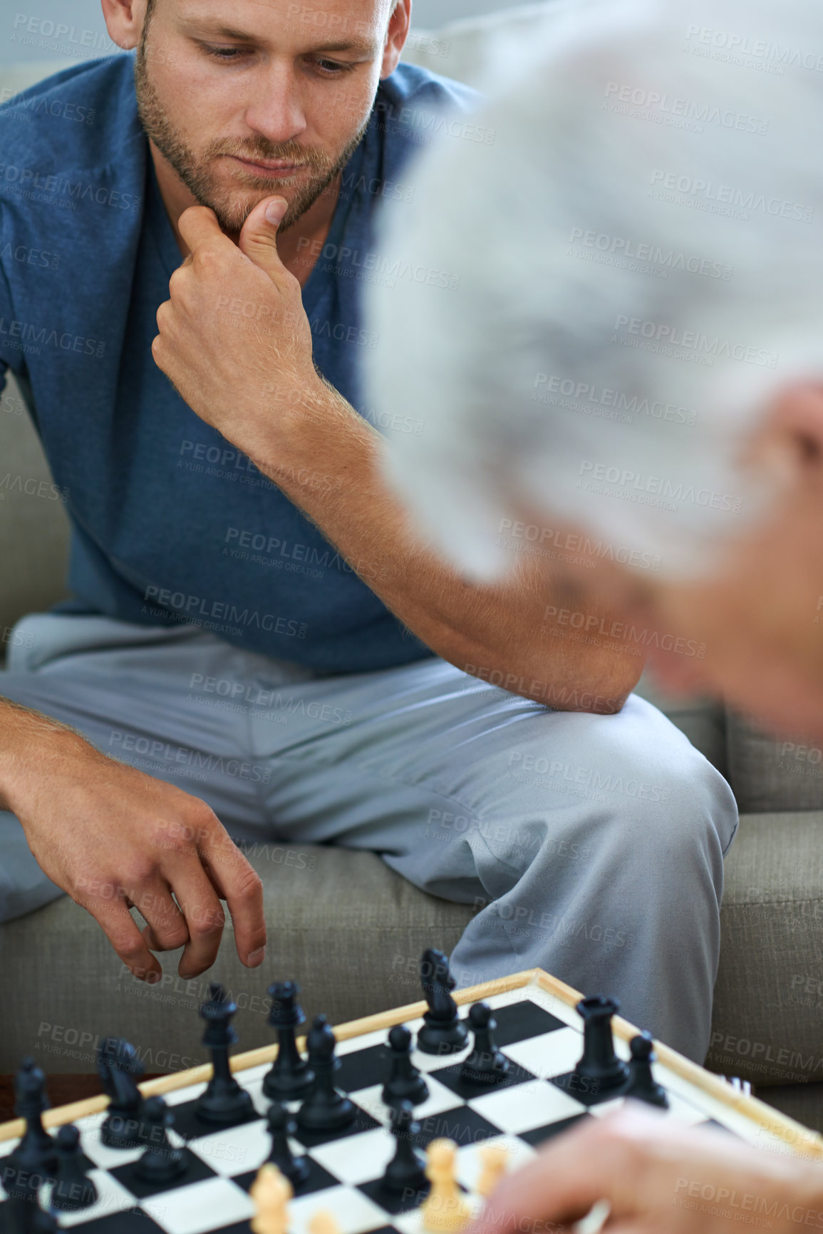 Buy stock photo Elderly dad, man or thinking of chess move in home for games or contest with strategy or problem solving. Senior parent, smart or board for challenge or learning mental skills for cognitive function