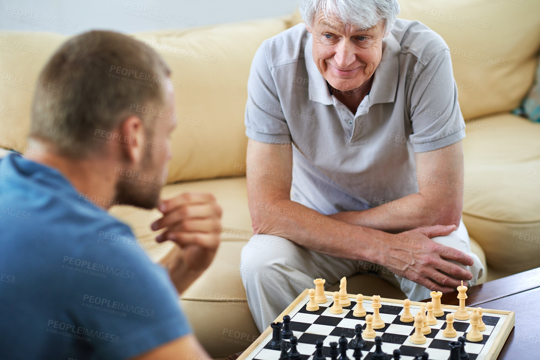 Buy stock photo Senior dad, man or chess checkmate in home for games or challenge with strategy or problem solving. Happy mature parent, smile or board for playing or learning thinking skills for cognitive function