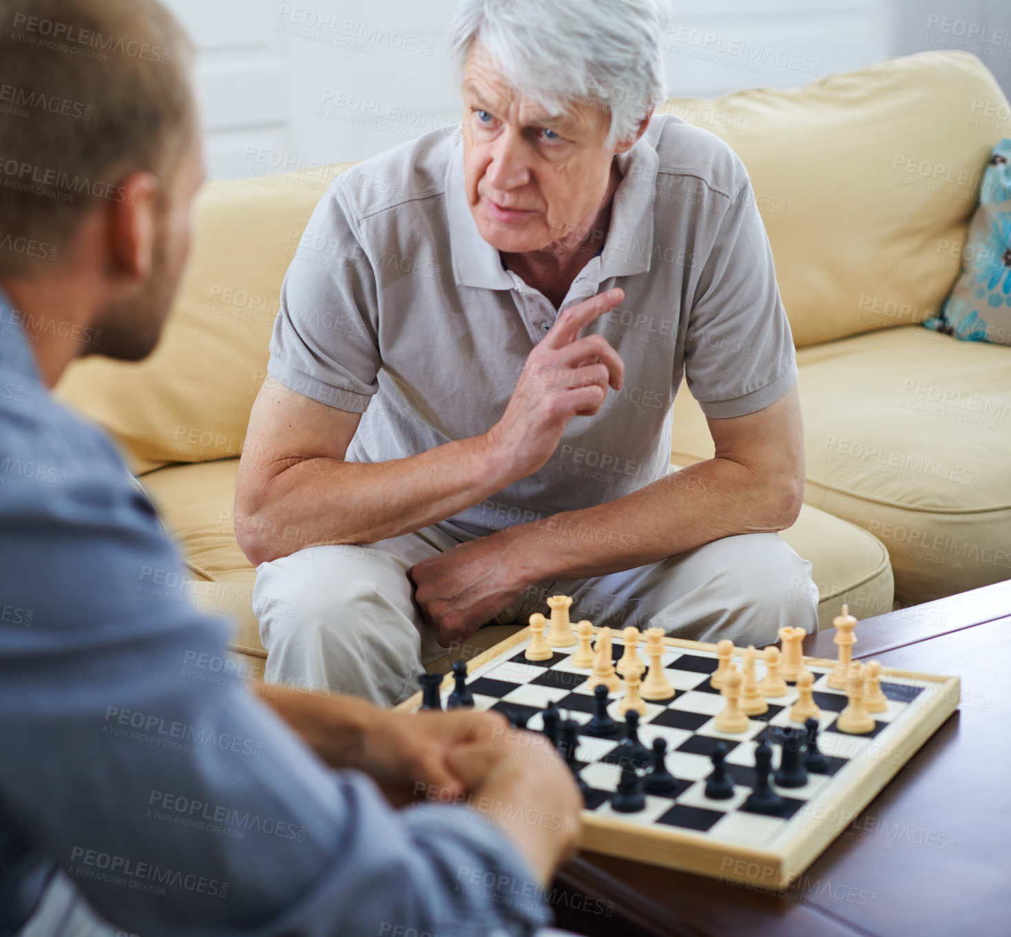 Buy stock photo Senior dad, man or teaching chess in home for games or competition with strategy and problem solving. Elderly parent, lesson and board for challenge or learning thinking skills for cognitive function