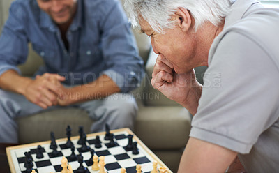 Buy stock photo Elderly dad, hobby or thinking of chess move in home for games or contest for strategy or problem solving. Senior parent, smart or board for challenge or learning mental skills for cognitive function