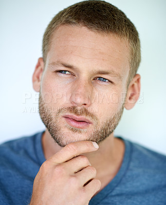 Buy stock photo Ideas, thinking and face of man in studio with casual fashion, confidence and creative inspiration. Remember, decision and young professional with choice, cool style or reflection on white background