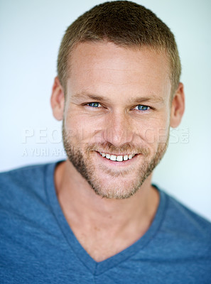 Buy stock photo Happy, portrait and man in studio with casual fashion, confidence and creative career in design. Smile, face and young professional with cool pride, gen z style and fun laughing on white background