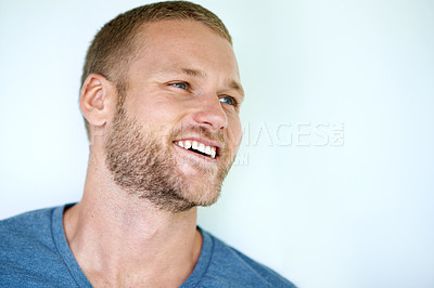 Buy stock photo Laugh, thinking and face of man in studio with casual fashion, confidence and creative inspiration. Happy, ideas and young professional with pride, cool style and mockup space on white background