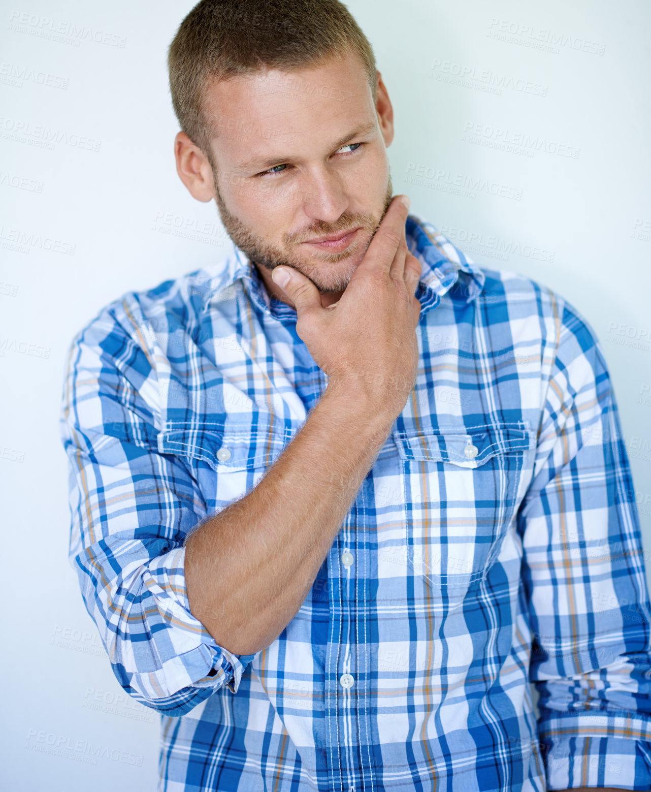 Buy stock photo Man, thinking and fashion in studio with memory, ideas or trendy style with reflection by white background. Person, model and decision with shirt, clothes and insight with perspective in Australia