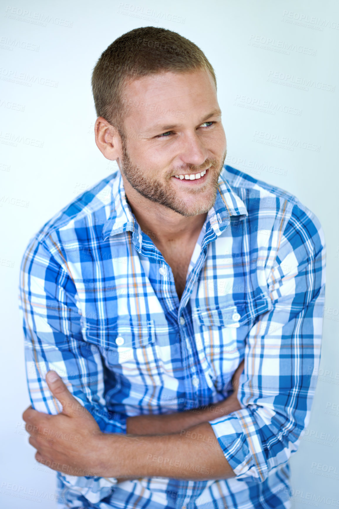 Buy stock photo Man, arms crossed and thinking in studio with smile, memory and perspective with fashion by white background. Person, model and trendy with shirt, clothes and happy with reflection in Australia