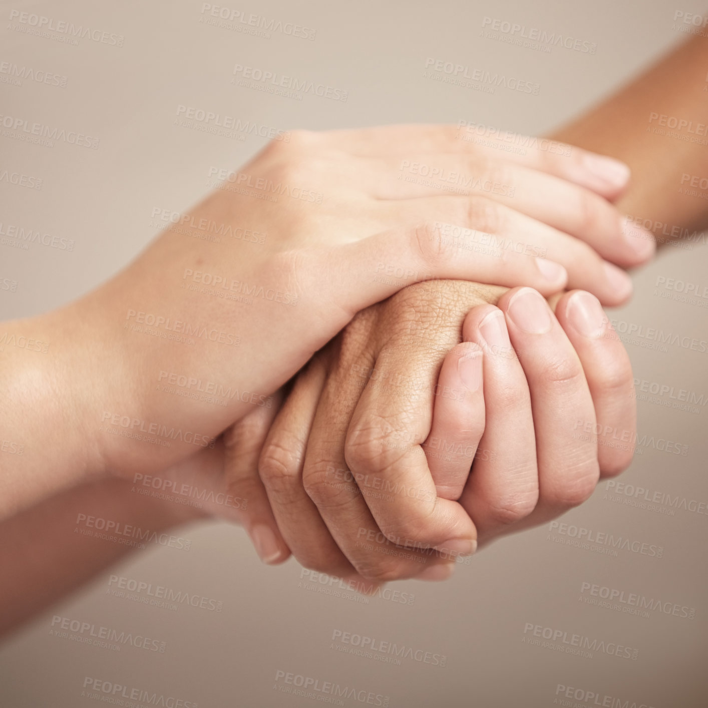 Buy stock photo Empathy, help and love with people holding hands in comfort, care or to console each other. Trust, support or healing with friends praying together during depression, anxiety or the pain of loss