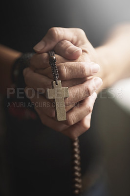 Buy stock photo Hands clasped and holding a Rosary in prayer