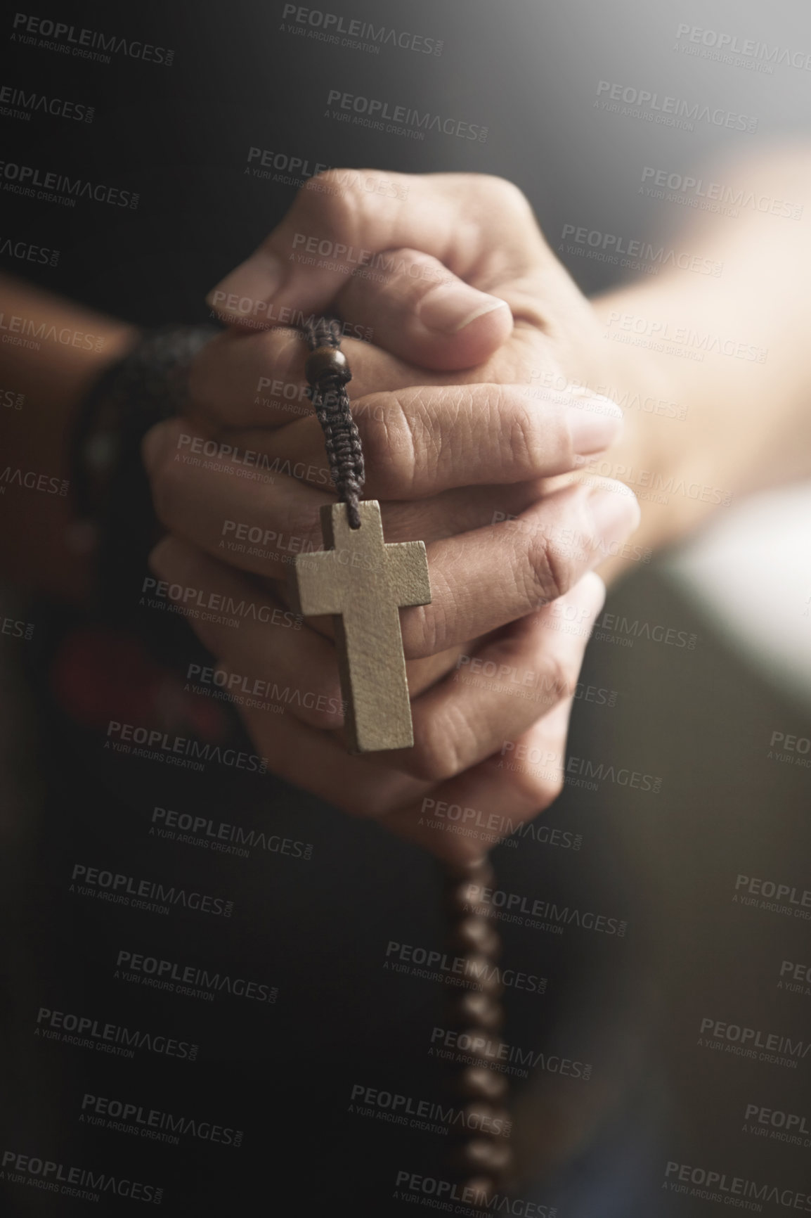 Buy stock photo Hands clasped and holding a Rosary in prayer