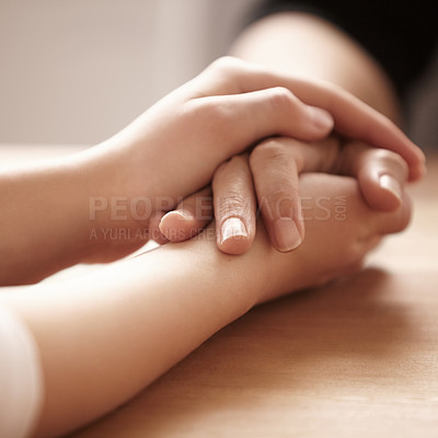 Buy stock photo Empathy, support and spiritual with people holding hands in comfort, care or to console each other. Trust, help or love with friends praying together during depression, anxiety or the pain of loss