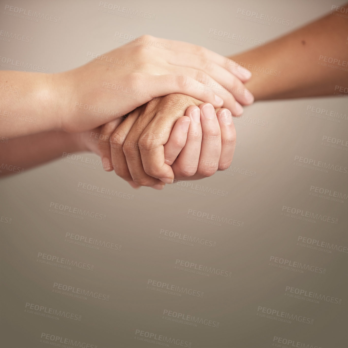 Buy stock photo Empathy, support and help with people holding hands in comfort, care or to console each other. Trust, love or healing with friends praying together during depression, anxiety or the pain of loss