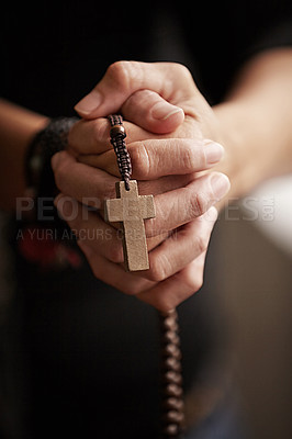 Buy stock photo Hands, prayer with beads and worship for religion, trust and spiritual wellness with hope, peace and love. Support, mindfulness and person in Christian faith praying, gratitude and rosary with cross.