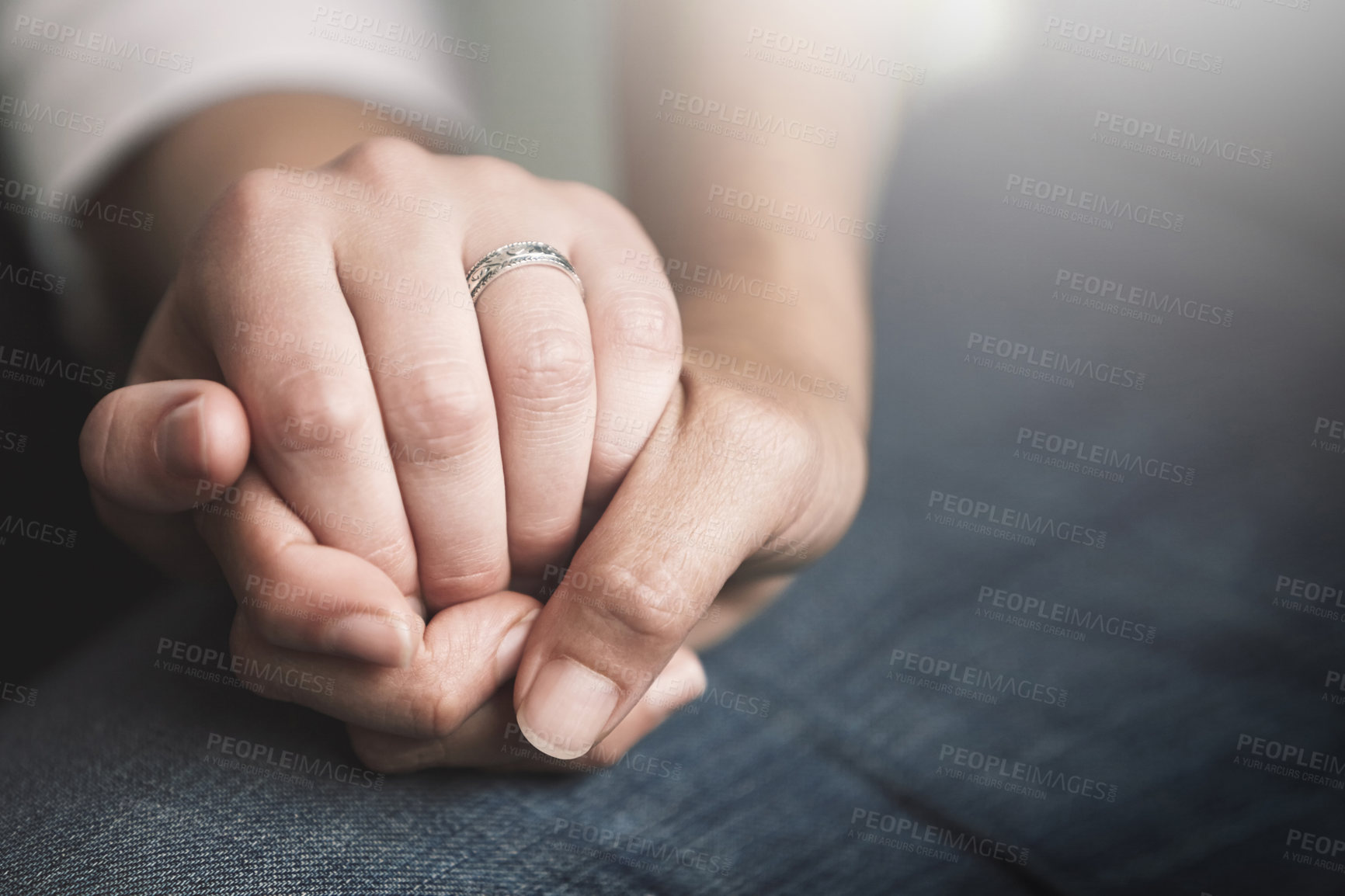 Buy stock photo Trust, support and love with people holding hands in comfort, care or to console each other. Empathy, help or healing with friends praying together during depression, anxiety or the pain of loss