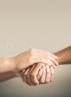 Buy stock photo Help, support and love with people holding hands in comfort, care or to console each other. Trust, empathy or healing with friends praying together during depression, anxiety or the pain of loss