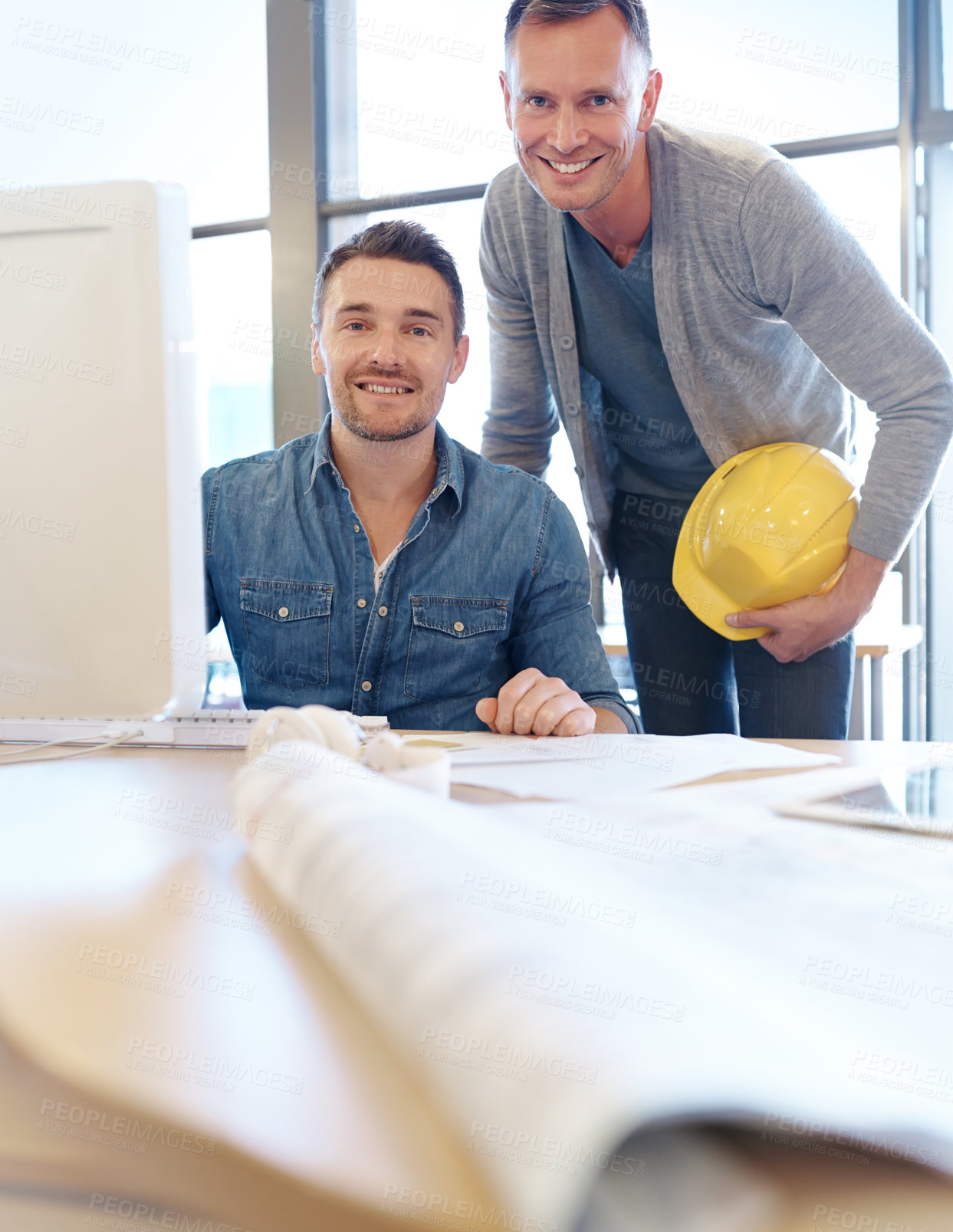 Buy stock photo Portrait, happy and construction engineers in office for city planning with building development. Partnership, architecture and male industrial team with blueprint for maintenance, design or repairs.