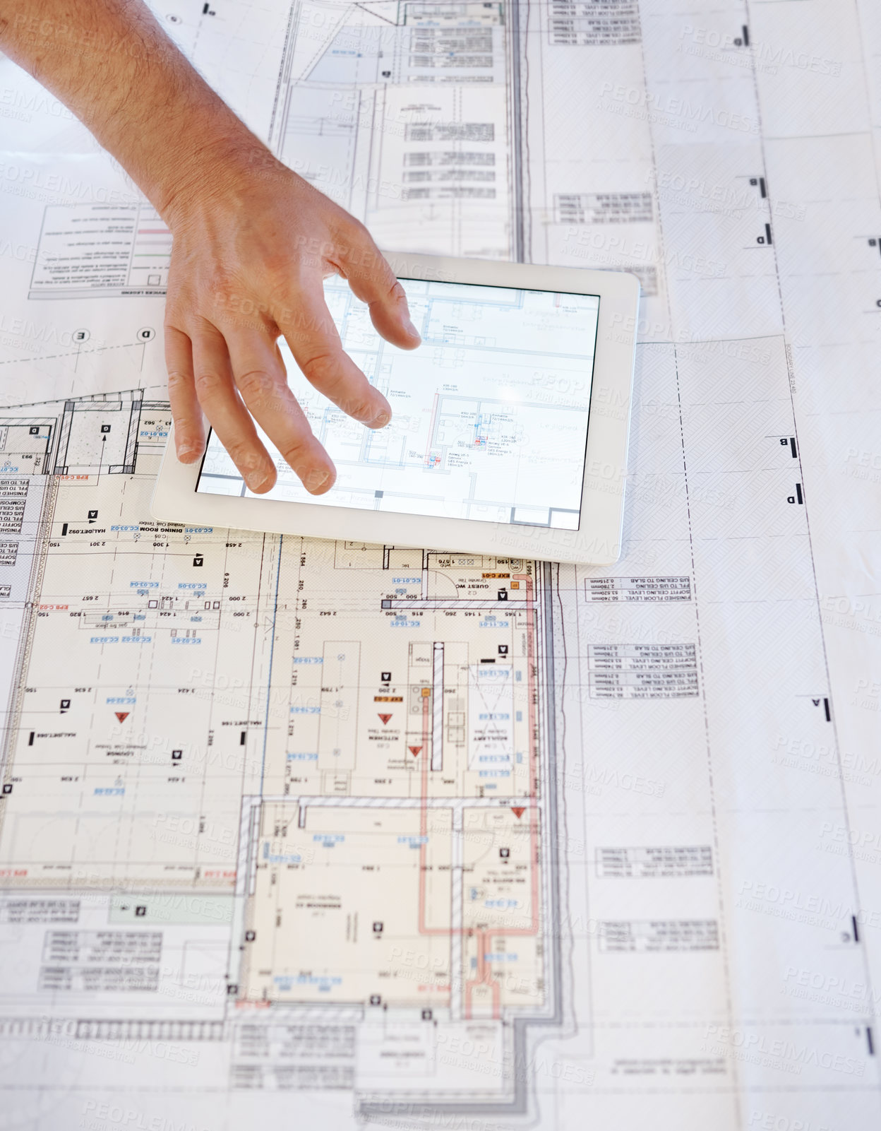 Buy stock photo Architect, hands or tablet with blueprint design for industrial architecture or building development. Engineer, person or digital floor plan for project layout, construction review or home renovation