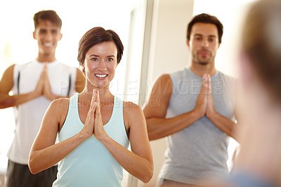 Buy stock photo Group, happy woman and yoga pose for fitness, meditation or balance in studio or gym for training. Female person, smile and namaste for exercise, wellness or strong muscle as student in pilates class