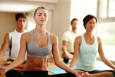 Buy stock photo Group of people, peace and yoga for mindful, meditation and balance in studio, gym and practice. Female person, smile and namaste for exercise, wellness and metal health as student in spiritual class