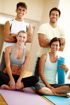 Buy stock photo Portrait, mat and friends ready for yoga class for exercise, support and healthy routine in gym. Together, meditate and happy women in club with men, smile and group to start pilates for wellness