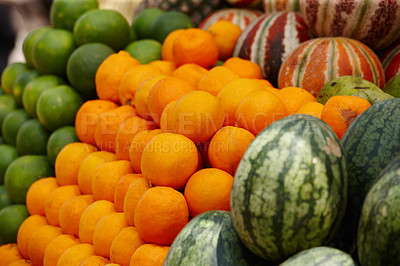 Buy stock photo Fruit market, vendor and food in India with orange, small business and outdoor on street. Fresh, watermelon and healthy produce in Mumbai on urban road with inventory for retail shop or bazaar