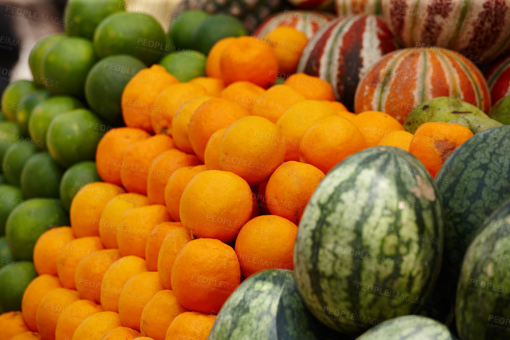 Buy stock photo Fruit market, vendor and food in India with orange, small business and outdoor on street. Fresh, watermelon and healthy produce in Mumbai on urban road with inventory for retail shop or bazaar