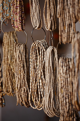 Buy stock photo Beads, meditation and culture at store outdoor for Indian tradition, religion prayer and spiritual accessories. Retail, design and local craft for jewellery, creative texture and colourful decoration