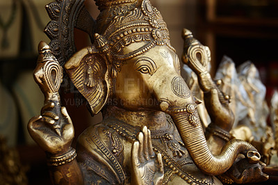 Buy stock photo Closeup of a bronze effigy of the god Ganesha in an Indian temple
