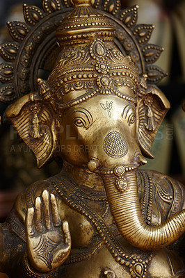 Buy stock photo Elephant, sculpture and religion with hope, idol and faith with worship, spiritual and tourism. Empty, gold and art with history, Hindu god and philosophy with statue, temple and deity with prayer