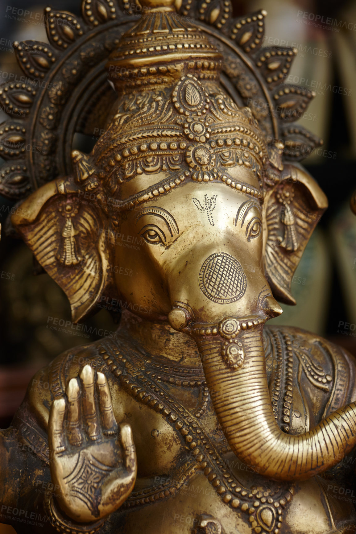 Buy stock photo Elephant, sculpture and religion with hope, idol and faith with worship, spiritual and tourism. Empty, gold and art with history, Hindu god and philosophy with statue, temple and deity with prayer