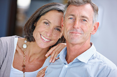 Buy stock photo Portrait of a loving mature couple at home