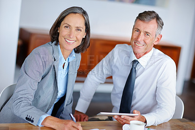 Buy stock photo Shot of two mature business colleagues working together in the office