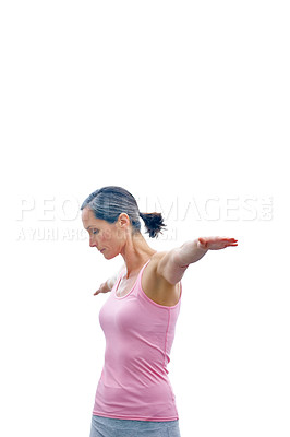 Buy stock photo Mature, woman and studio with stretching of yoga for fitness, morning routine and calm mindfulness. Space, person and warm up with pilates for mental health zen, holistic freedom and white background